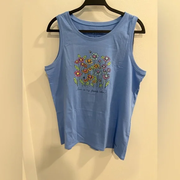 Life Is Good Light Blue Tank Top with Floral Print - Picture 1 of 7
